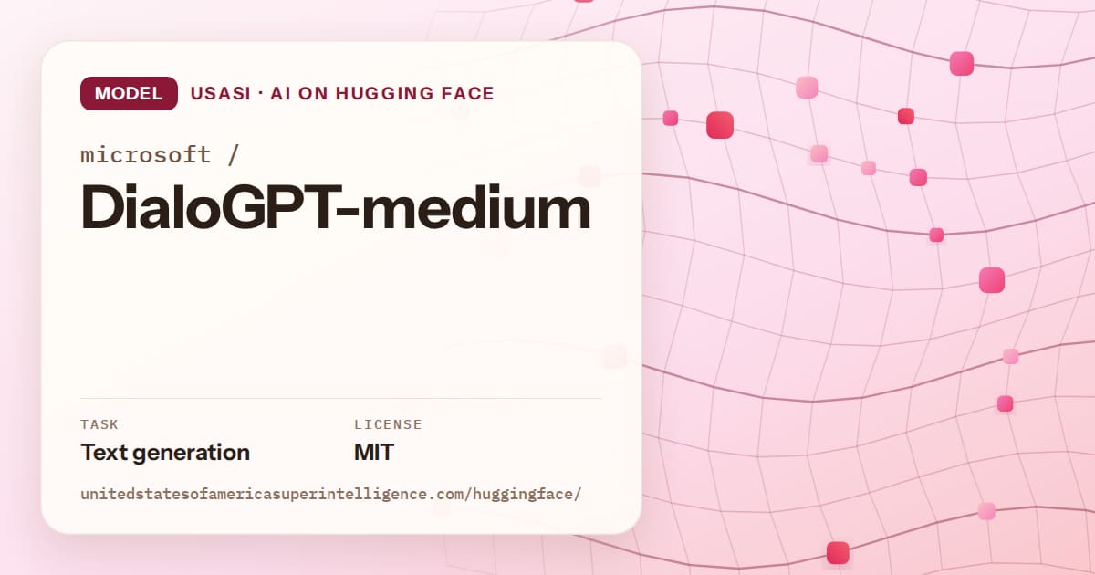Generated rose wave-lattice artwork for the model microsoft/DialoGPT-medium, labeled USASI · AI on Hugging Face, with Task: Text generation · License: MIT.