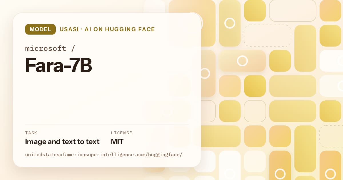 Generated gold tile-mosaic artwork for the model microsoft/Fara-7B, labeled USASI · AI on Hugging Face, with Task: Image and text to text · License: MIT.