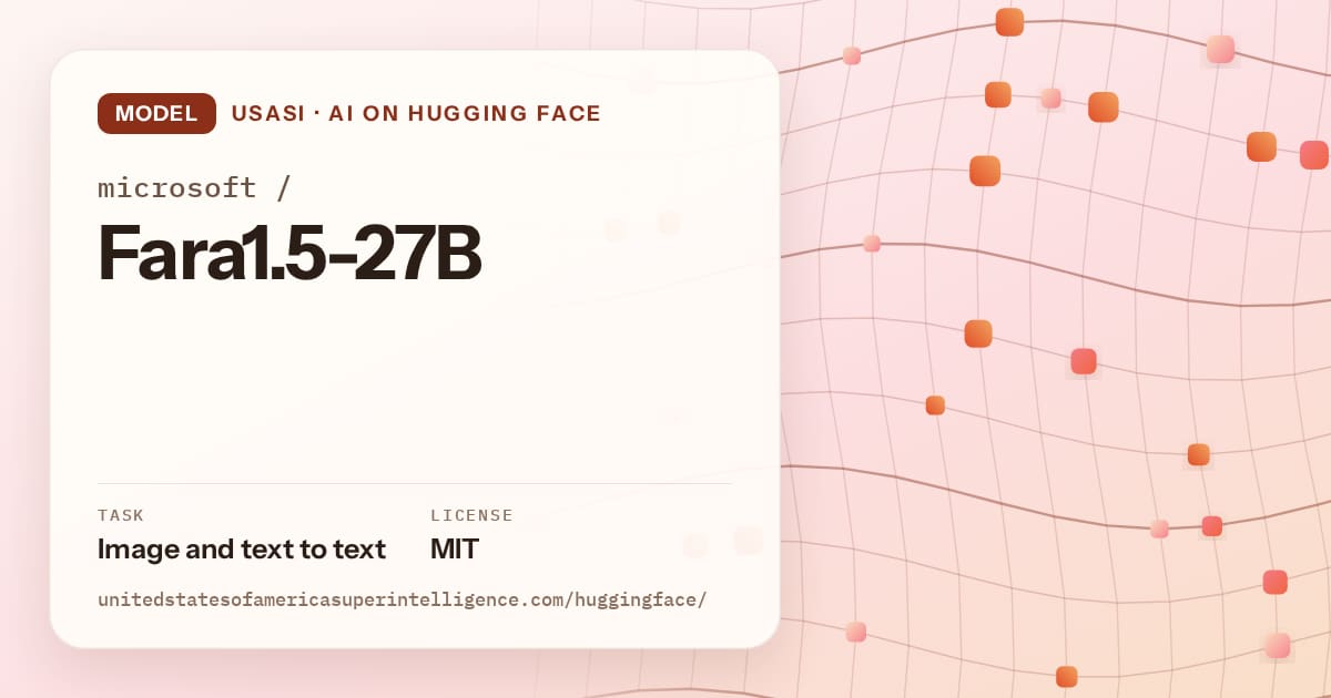 Generated tangerine wave-lattice artwork for the model microsoft/Fara1.5-27B, labeled USASI · AI on Hugging Face, with Task: Image and text to text · License: MIT.
