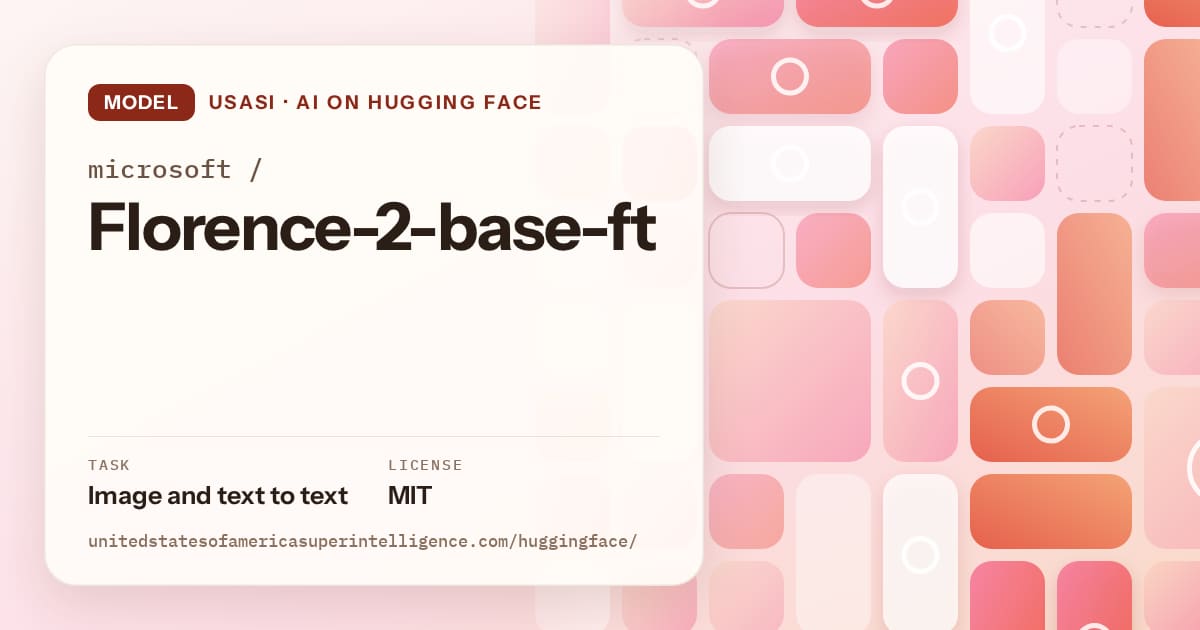 Generated coral tile-mosaic artwork for the model microsoft/Florence-2-base-ft, labeled USASI · AI on Hugging Face, with Task: Image and text to text · License: MIT.