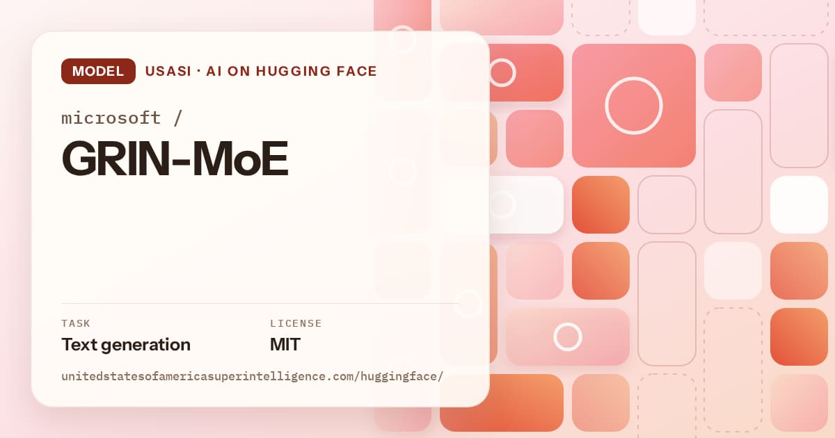 Generated coral tile-mosaic artwork for the model microsoft/GRIN-MoE, labeled USASI · AI on Hugging Face, with Task: Text generation · License: MIT.