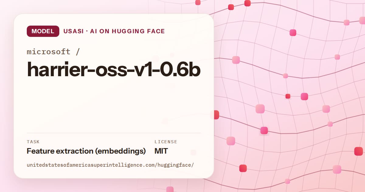 Generated rose wave-lattice artwork for the model microsoft/harrier-oss-v1-0.6b, labeled USASI · AI on Hugging Face, with Task: Feature extraction (embeddings) · License: MIT.