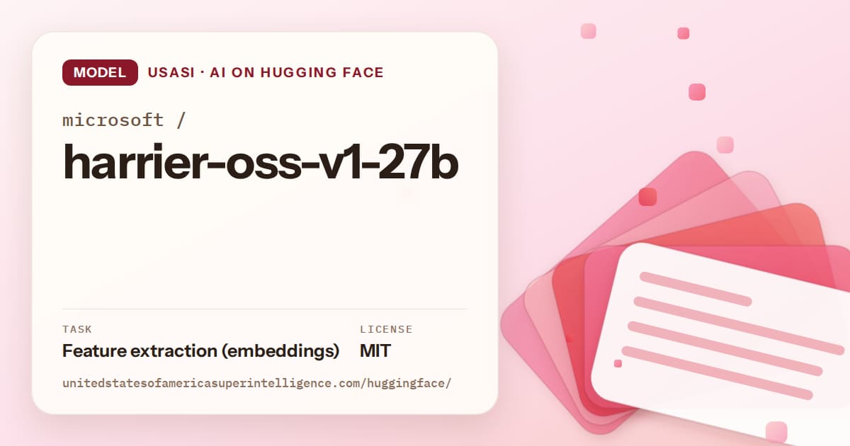 Generated coral layered-card artwork for the model microsoft/harrier-oss-v1-27b, labeled USASI · AI on Hugging Face, with Task: Feature extraction (embeddings) · License: MIT.