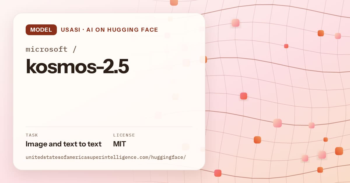 Generated tangerine wave-lattice artwork for the model microsoft/kosmos-2.5, labeled USASI · AI on Hugging Face, with Task: Image and text to text · License: MIT.