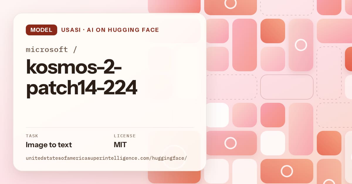 Generated coral tile-mosaic artwork for the model microsoft/kosmos-2-patch14-224, labeled USASI · AI on Hugging Face, with Task: Image to text · License: MIT.