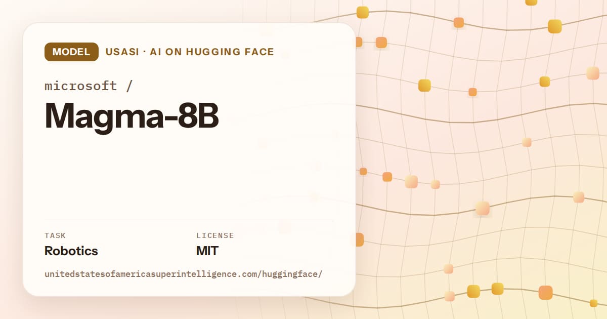Generated amber wave-lattice artwork for the model microsoft/Magma-8B, labeled USASI · AI on Hugging Face, with Task: Robotics · License: MIT.