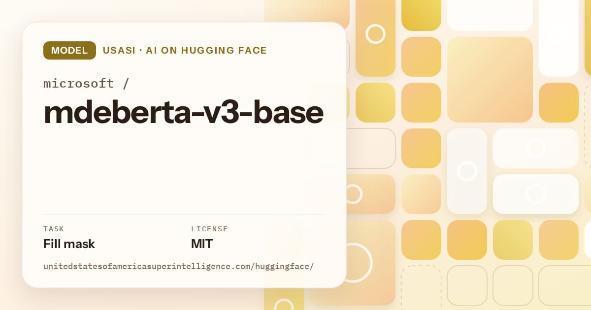 Generated gold tile-mosaic artwork for the model microsoft/mdeberta-v3-base, labeled USASI · AI on Hugging Face, with Task: Fill mask · License: MIT.