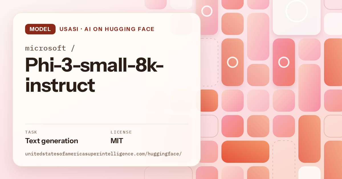 Generated coral tile-mosaic artwork for the model microsoft/Phi-3-small-8k-instruct, labeled USASI · AI on Hugging Face, with Task: Text generation · License: MIT.