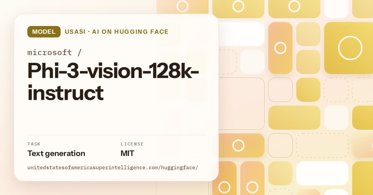 Generated gold tile-mosaic artwork for the model microsoft/Phi-3-vision-128k-instruct, labeled USASI · AI on Hugging Face, with Task: Text generation · License: MIT.