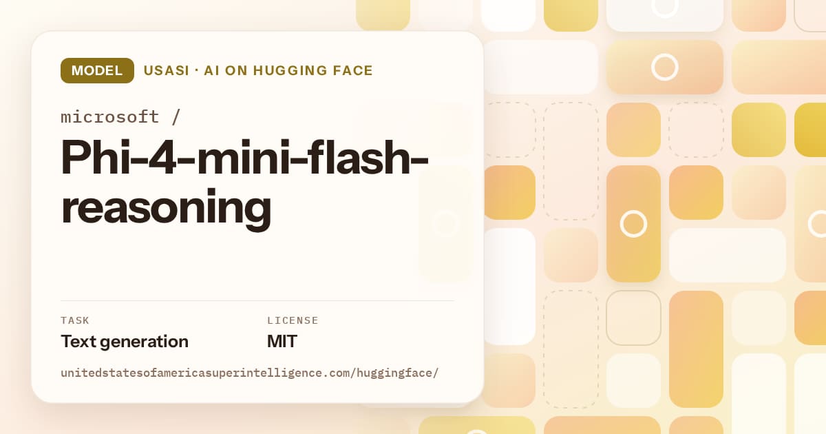Generated gold tile-mosaic artwork for the model microsoft/Phi-4-mini-flash-reasoning, labeled USASI · AI on Hugging Face, with Task: Text generation · License: MIT.