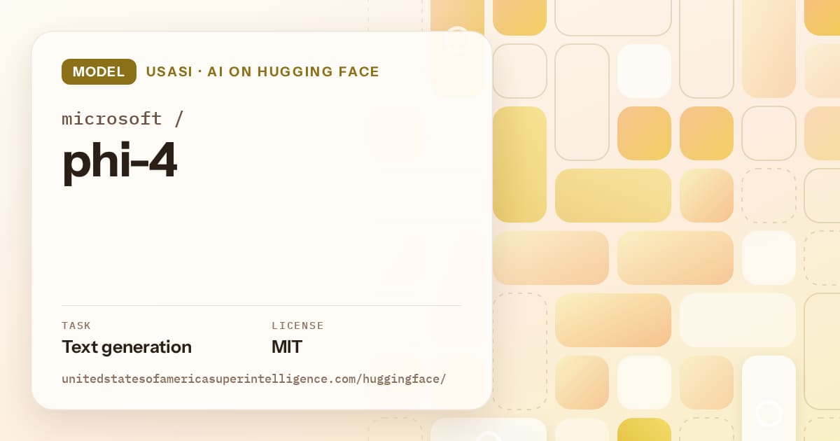 Generated gold tile-mosaic artwork for the model microsoft/phi-4, labeled USASI · AI on Hugging Face, with Task: Text generation · License: MIT.