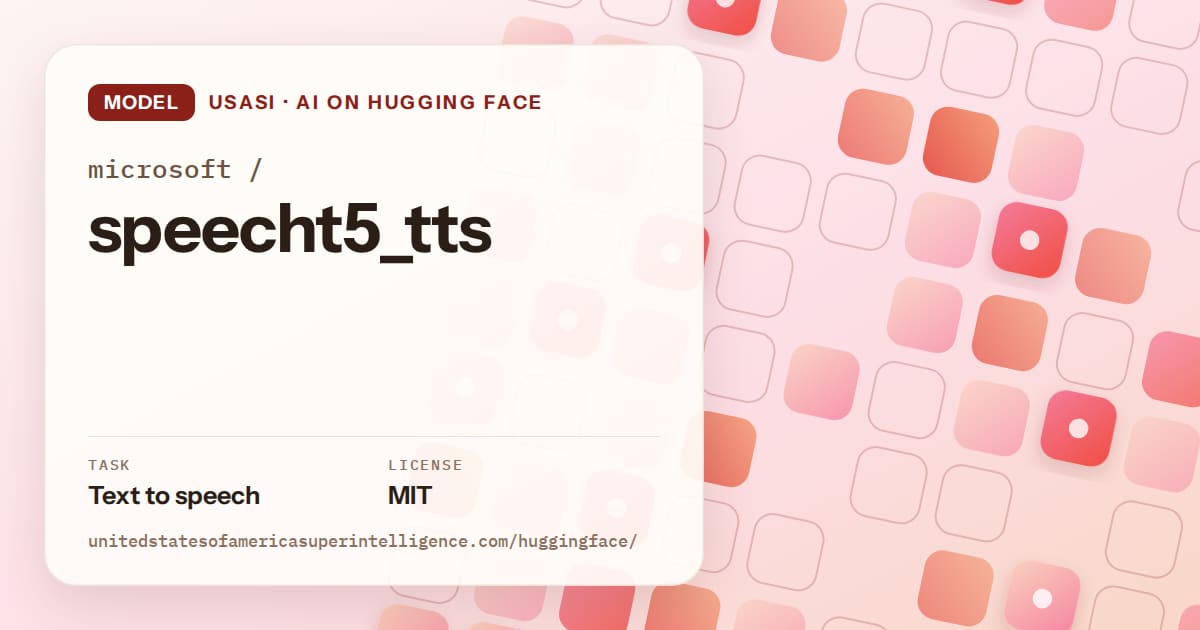 Generated coral rounded-tile grid artwork for the model microsoft/speecht5_tts, labeled USASI · AI on Hugging Face, with Task: Text to speech · License: MIT.