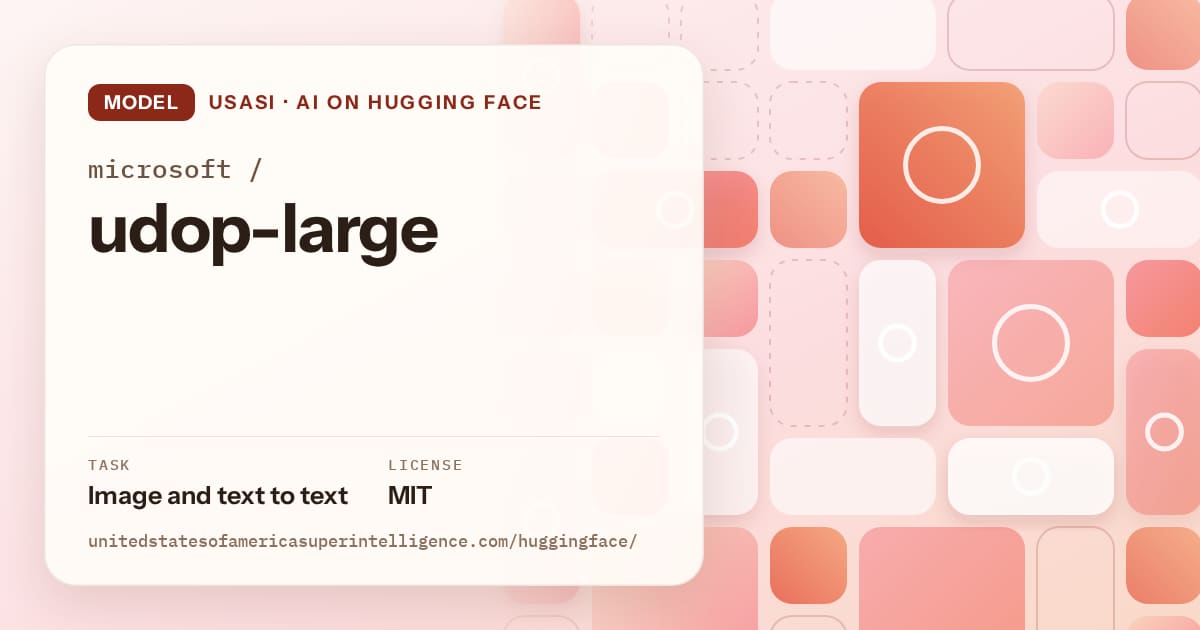 Generated coral tile-mosaic artwork for the model microsoft/udop-large, labeled USASI · AI on Hugging Face, with Task: Image and text to text · License: MIT.