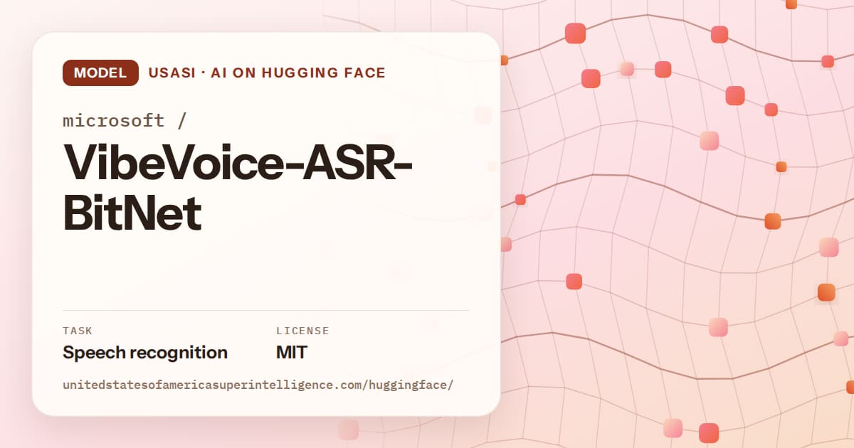 Generated tangerine wave-lattice artwork for the model microsoft/VibeVoice-ASR-BitNet, labeled USASI · AI on Hugging Face, with Task: Speech recognition · License: MIT.