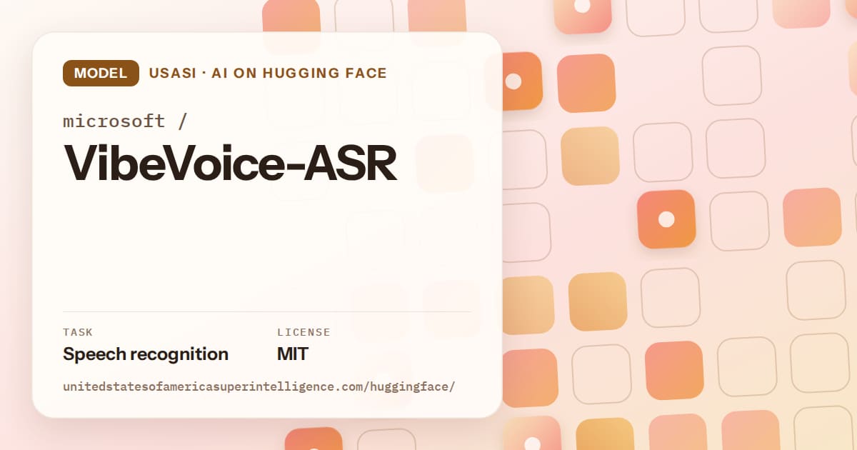 Generated orange rounded-tile grid artwork for the model microsoft/VibeVoice-ASR, labeled USASI · AI on Hugging Face, with Task: Speech recognition · License: MIT.