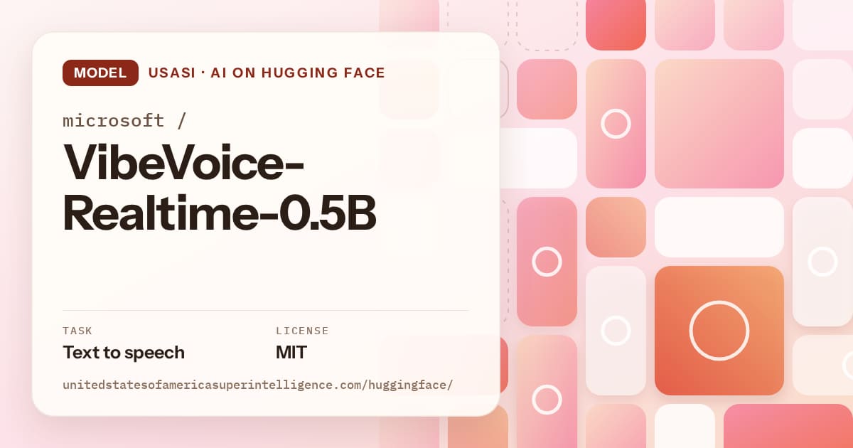 Generated coral tile-mosaic artwork for the model microsoft/VibeVoice-Realtime-0.5B, labeled USASI · AI on Hugging Face, with Task: Text to speech · License: MIT.
