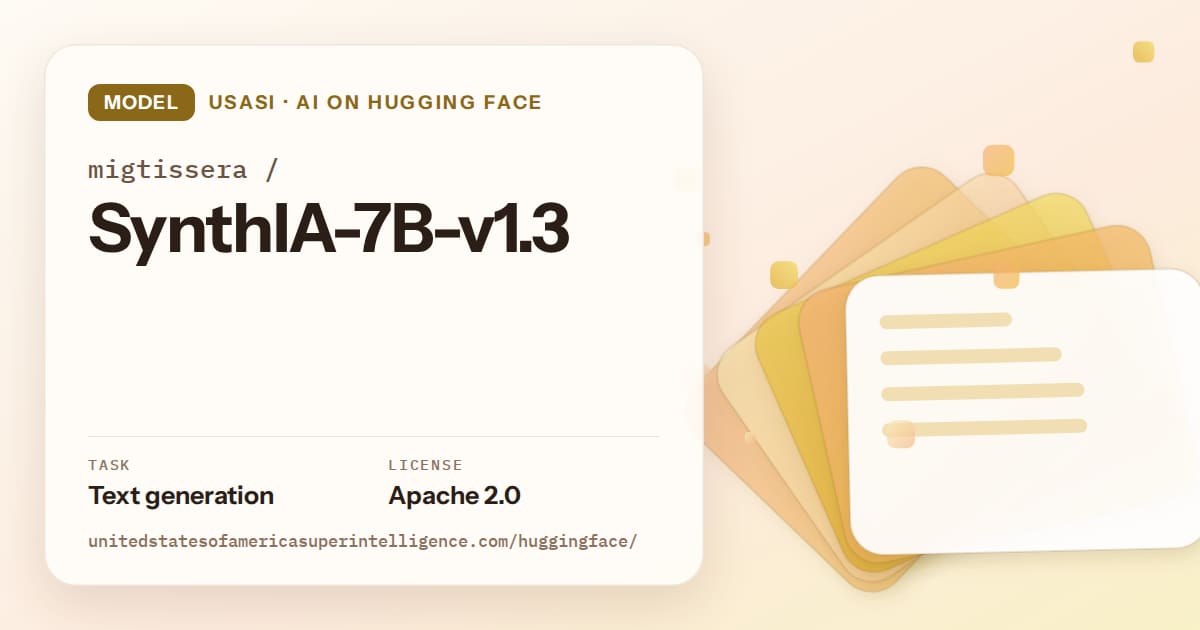 Generated amber layered-card artwork for the model migtissera/SynthIA-7B-v1.3, labeled USASI · AI on Hugging Face, with Task: Text generation · License: Apache 2.0.