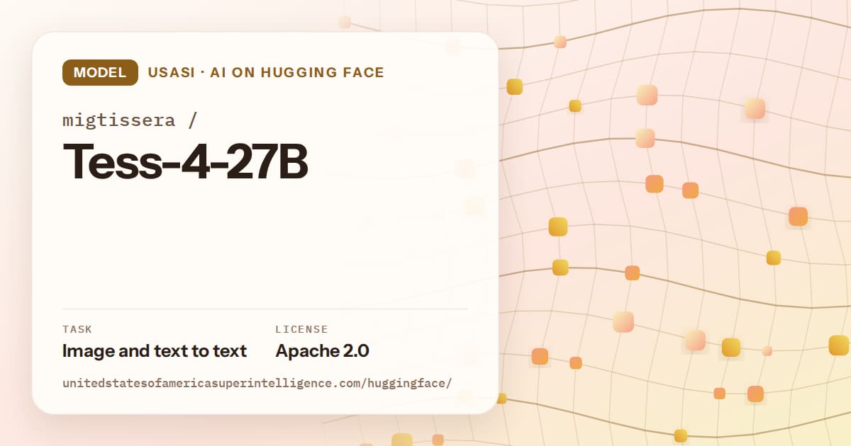 Generated amber wave-lattice artwork for the model migtissera/Tess-4-27B, labeled USASI · AI on Hugging Face, with Task: Image and text to text · License: Apache 2.0.