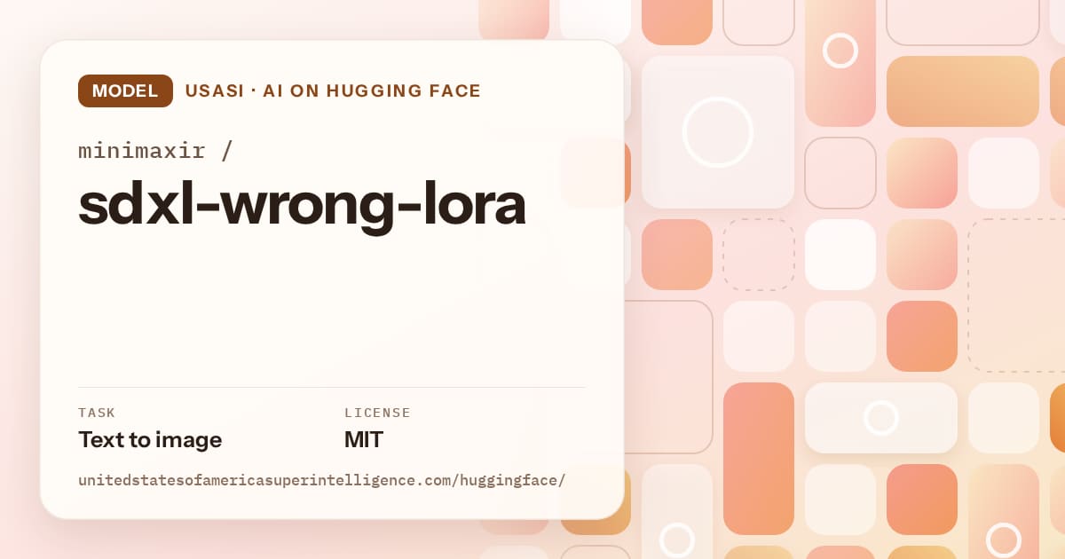 Generated orange tile-mosaic artwork for the model minimaxir/sdxl-wrong-lora, labeled USASI · AI on Hugging Face, with Task: Text to image · License: MIT.