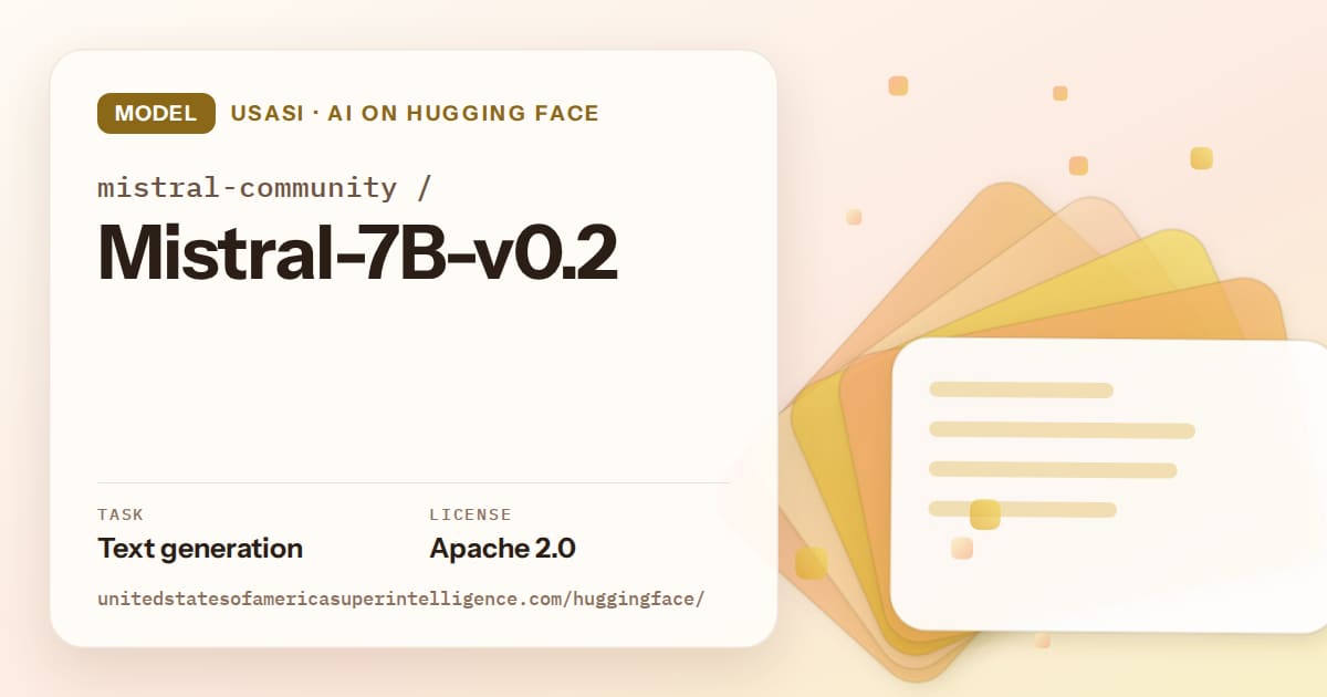Generated amber layered-card artwork for the model mistral-community/Mistral-7B-v0.2, labeled USASI · AI on Hugging Face, with Task: Text generation · License: Apache 2.0.