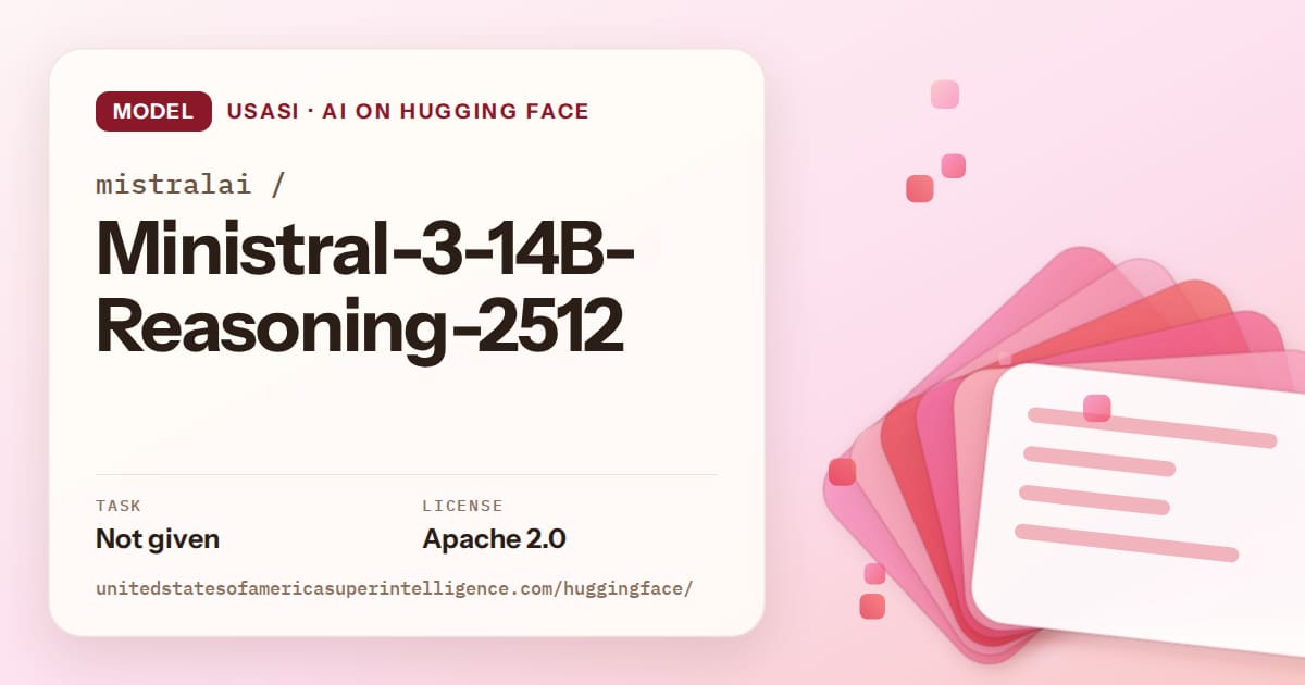 Generated coral layered-card artwork for the model mistralai/Ministral-3-14B-Reasoning-2512, labeled USASI · AI on Hugging Face, with Task: Not given · License: Apache 2.0.