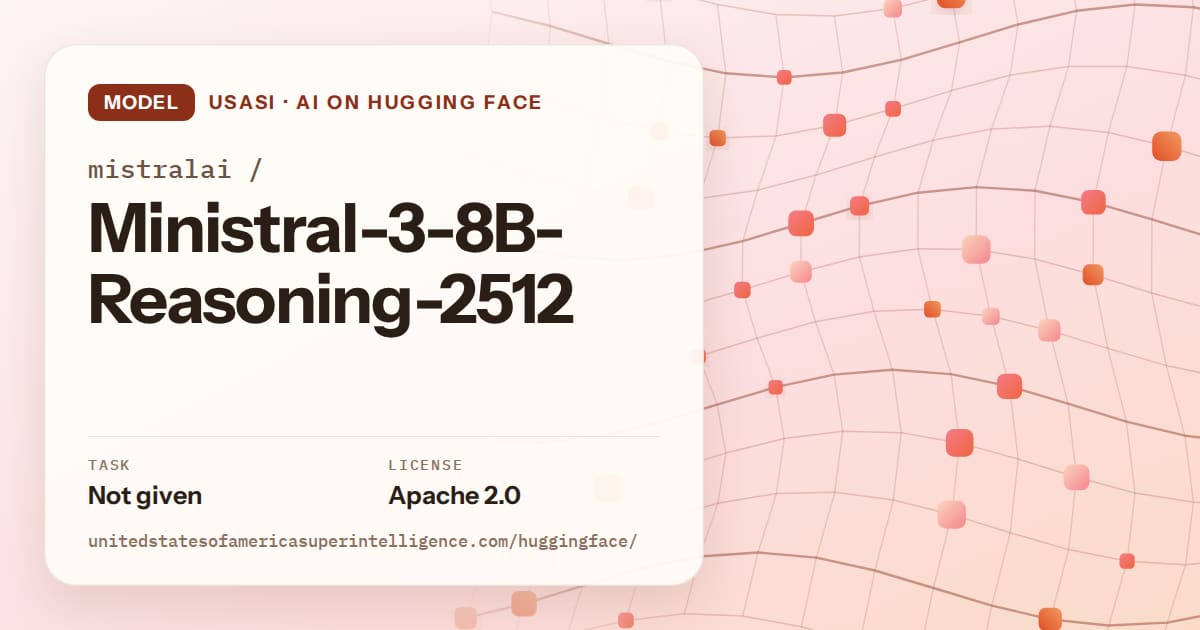 Generated tangerine wave-lattice artwork for the model mistralai/Ministral-3-8B-Reasoning-2512, labeled USASI · AI on Hugging Face, with Task: Not given · License: Apache 2.0.