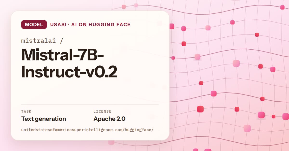 Generated rose wave-lattice artwork for the model mistralai/Mistral-7B-Instruct-v0.2, labeled USASI · AI on Hugging Face, with Task: Text generation · License: Apache 2.0.