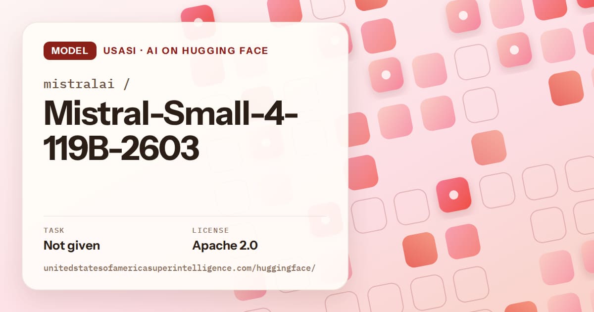 Generated coral rounded-tile grid artwork for the model mistralai/Mistral-Small-4-119B-2603, labeled USASI · AI on Hugging Face, with Task: Not given · License: Apache 2.0.