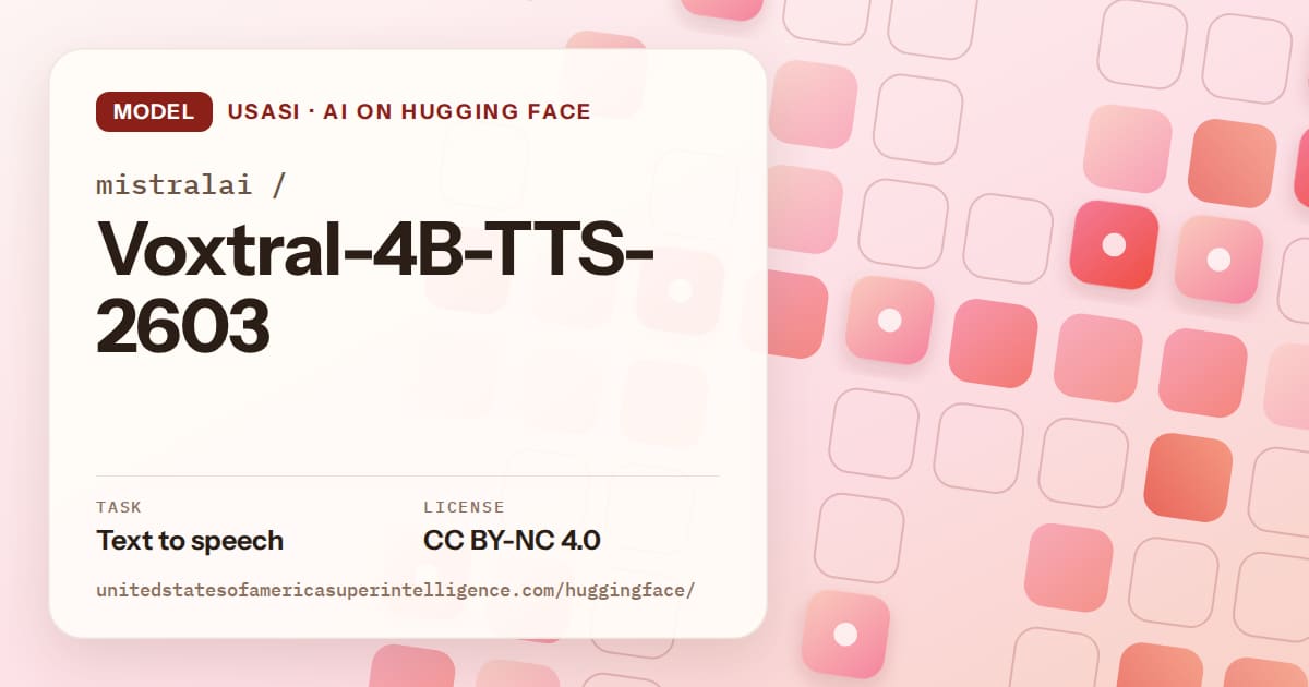 Generated coral rounded-tile grid artwork for the model mistralai/Voxtral-4B-TTS-2603, labeled USASI · AI on Hugging Face, with Task: Text to speech · License: CC BY-NC 4.0.