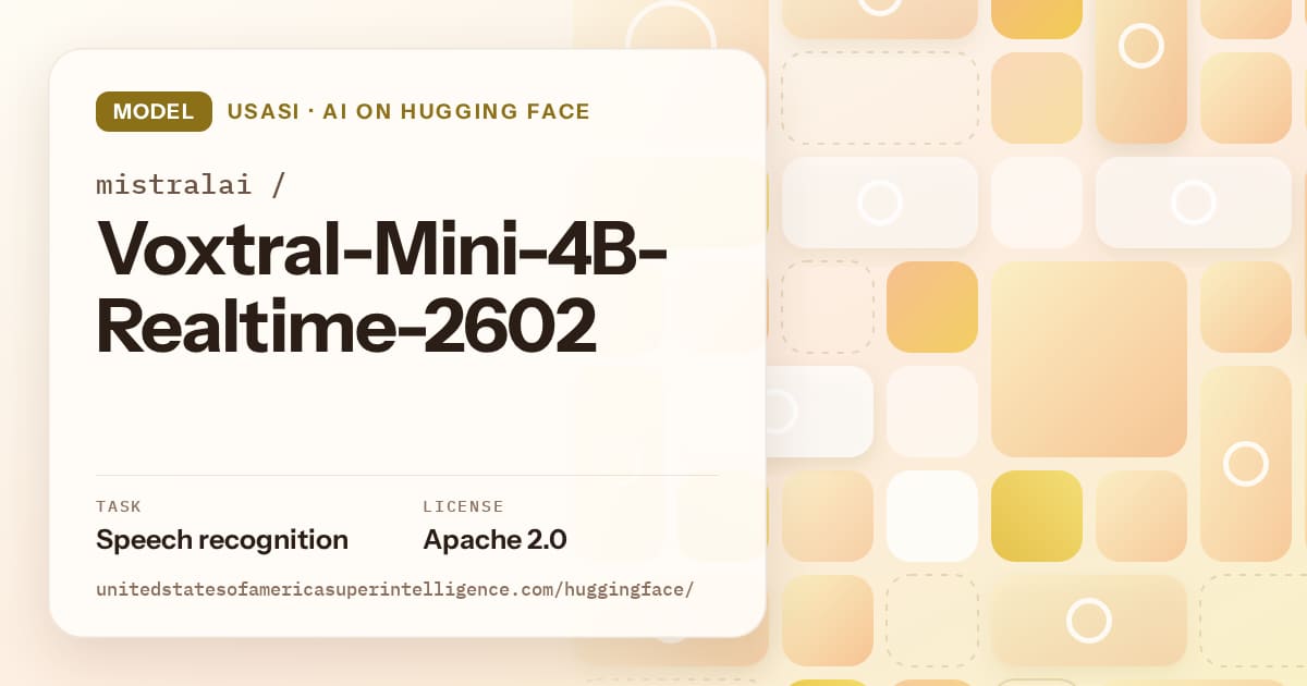 Generated gold tile-mosaic artwork for the model mistralai/Voxtral-Mini-4B-Realtime-2602, labeled USASI · AI on Hugging Face, with Task: Speech recognition · License: Apache 2.0.