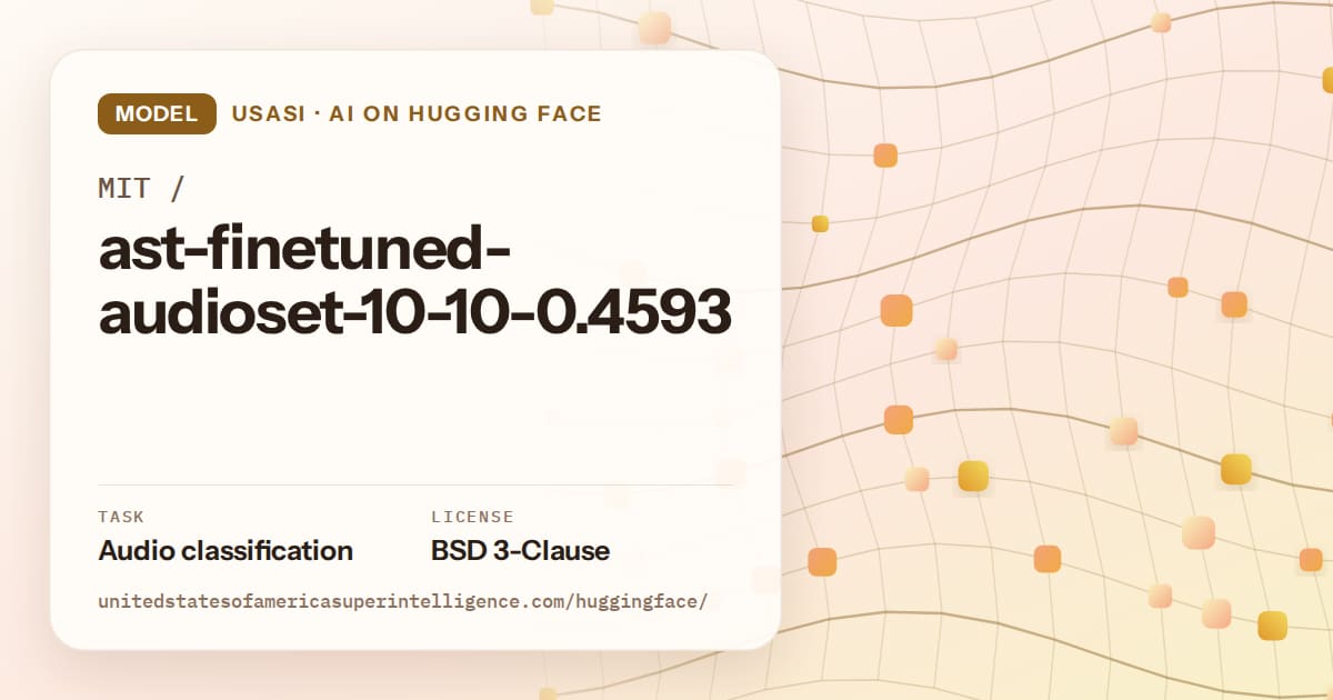 Generated amber wave-lattice artwork for the model MIT/ast-finetuned-audioset-10-10-0.4593, labeled USASI · AI on Hugging Face, with Task: Audio classification · License: BSD 3-Clause.