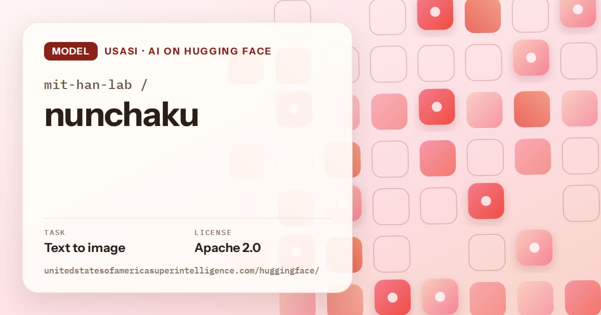 Generated coral rounded-tile grid artwork for the model mit-han-lab/nunchaku, labeled USASI · AI on Hugging Face, with Task: Text to image · License: Apache 2.0.