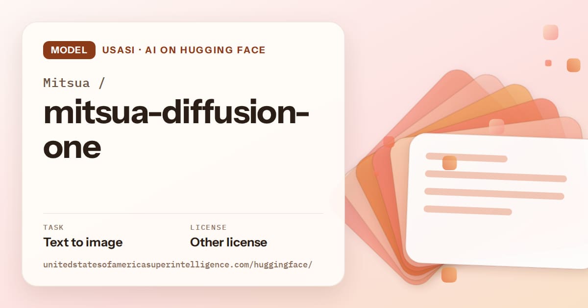 Generated tangerine layered-card artwork for the model Mitsua/mitsua-diffusion-one, labeled USASI · AI on Hugging Face, with Task: Text to image · License: Other license.