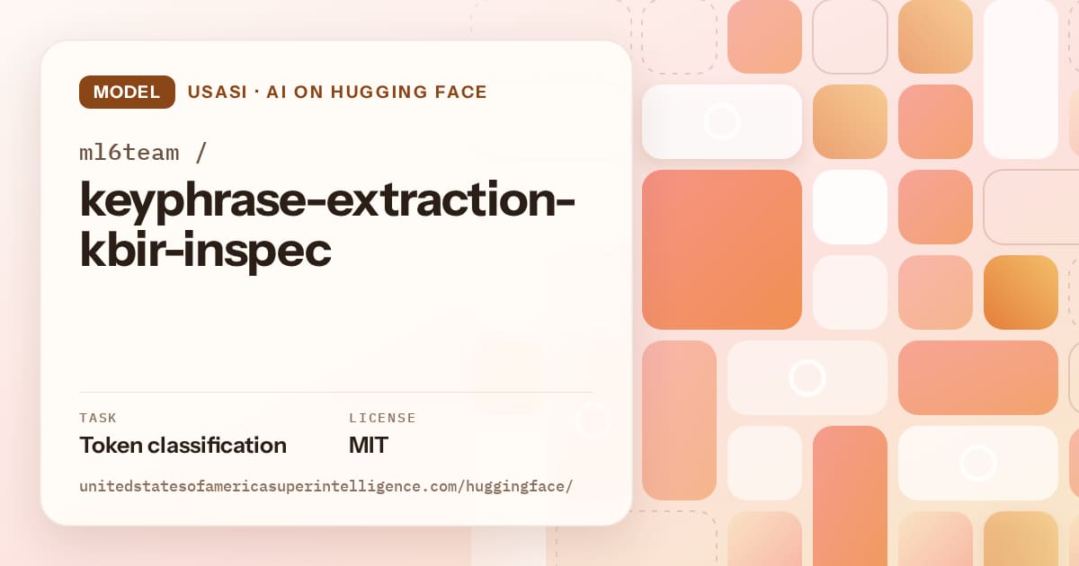 Generated orange tile-mosaic artwork for the model ml6team/keyphrase-extraction-kbir-inspec, labeled USASI · AI on Hugging Face, with Task: Token classification · License: MIT.