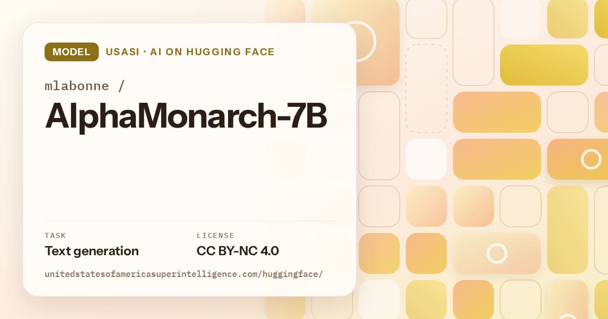 Generated gold tile-mosaic artwork for the model mlabonne/AlphaMonarch-7B, labeled USASI · AI on Hugging Face, with Task: Text generation · License: CC BY-NC 4.0.