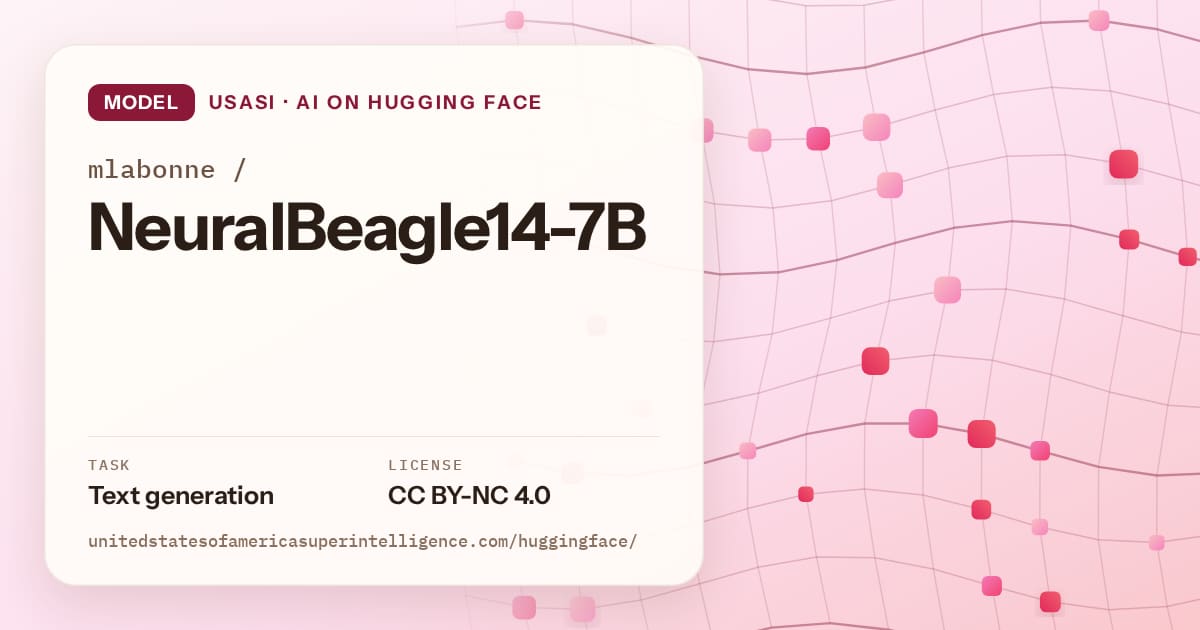 Generated rose wave-lattice artwork for the model mlabonne/NeuralBeagle14-7B, labeled USASI · AI on Hugging Face, with Task: Text generation · License: CC BY-NC 4.0.