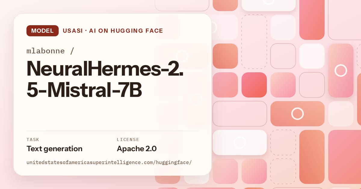 Generated coral tile-mosaic artwork for the model mlabonne/NeuralHermes-2.5-Mistral-7B, labeled USASI · AI on Hugging Face, with Task: Text generation · License: Apache 2.0.