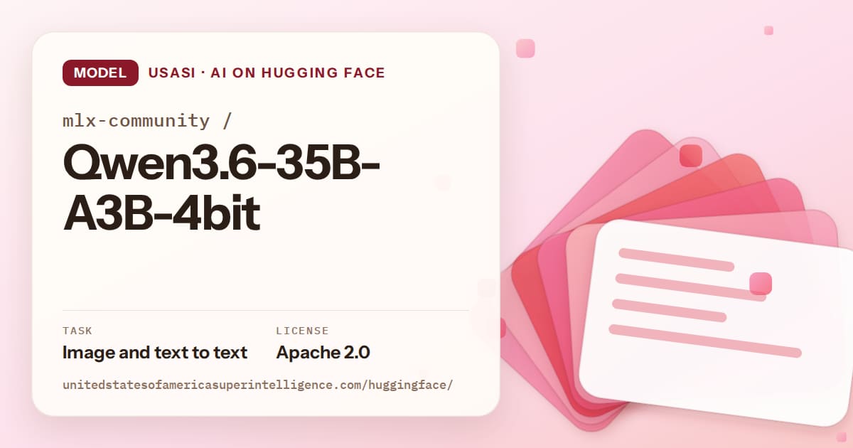 Generated coral layered-card artwork for the model mlx-community/Qwen3.6-35B-A3B-4bit, labeled USASI · AI on Hugging Face, with Task: Image and text to text · License: Apache 2.0.