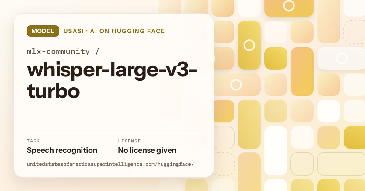 Generated gold tile-mosaic artwork for the model mlx-community/whisper-large-v3-turbo, labeled USASI · AI on Hugging Face, with Task: Speech recognition · License: No license given.