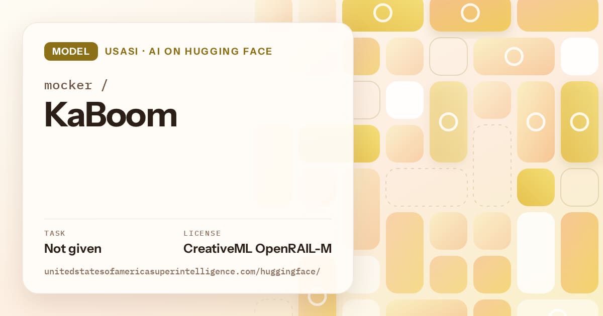 Generated gold tile-mosaic artwork for the model mocker/KaBoom, labeled USASI · AI on Hugging Face, with Task: Not given · License: CreativeML OpenRAIL-M.