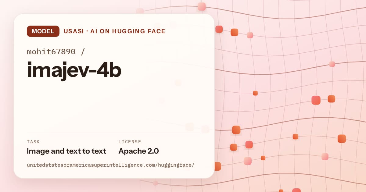Generated tangerine wave-lattice artwork for the model mohit67890/imajev-4b, labeled USASI · AI on Hugging Face, with Task: Image and text to text · License: Apache 2.0.
