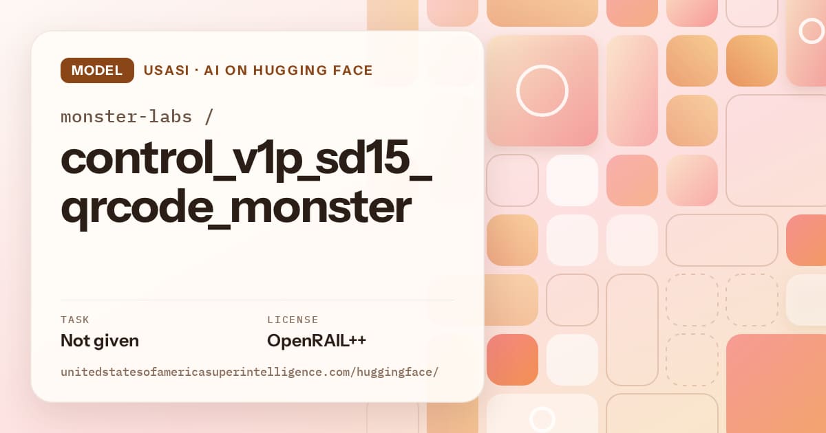 Generated orange tile-mosaic artwork for the model monster-labs/control_v1p_sd15_qrcode_monster, labeled USASI · AI on Hugging Face, with Task: Not given · License: OpenRAIL++.