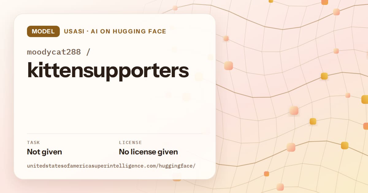 Generated amber wave-lattice artwork for the model moodycat288/kittensupporters, labeled USASI · AI on Hugging Face, with Task: Not given · License: No license given.