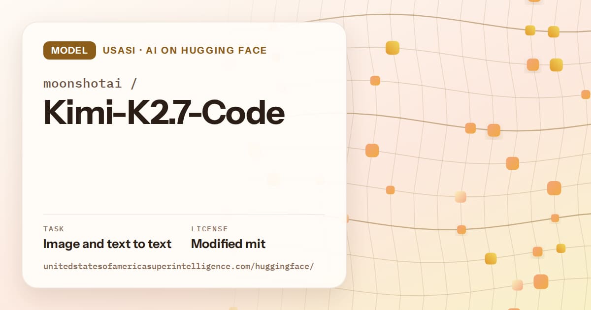 Generated amber wave-lattice artwork for the model moonshotai/Kimi-K2.7-Code, labeled USASI · AI on Hugging Face, with Task: Image and text to text · License: Modified mit.