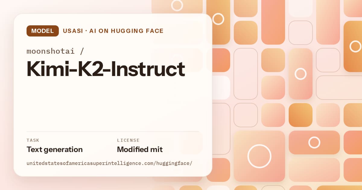 Generated orange tile-mosaic artwork for the model moonshotai/Kimi-K2-Instruct, labeled USASI · AI on Hugging Face, with Task: Text generation · License: Modified mit.