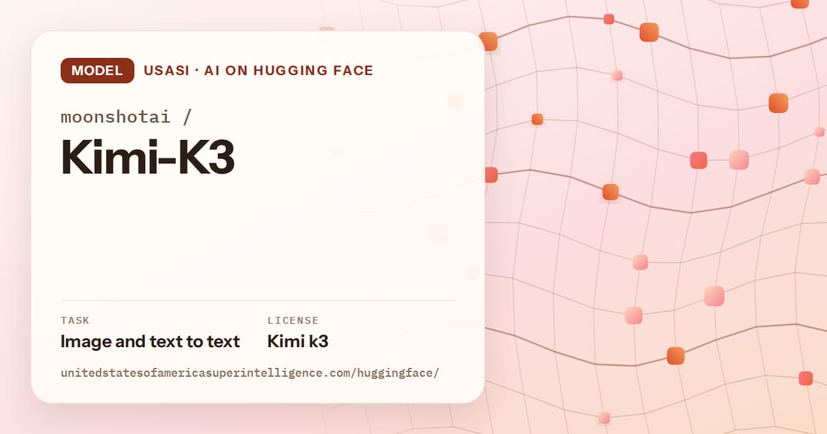 Generated tangerine wave-lattice artwork for the model moonshotai/Kimi-K3, labeled USASI · AI on Hugging Face, with Task: Image and text to text · License: Kimi k3.
