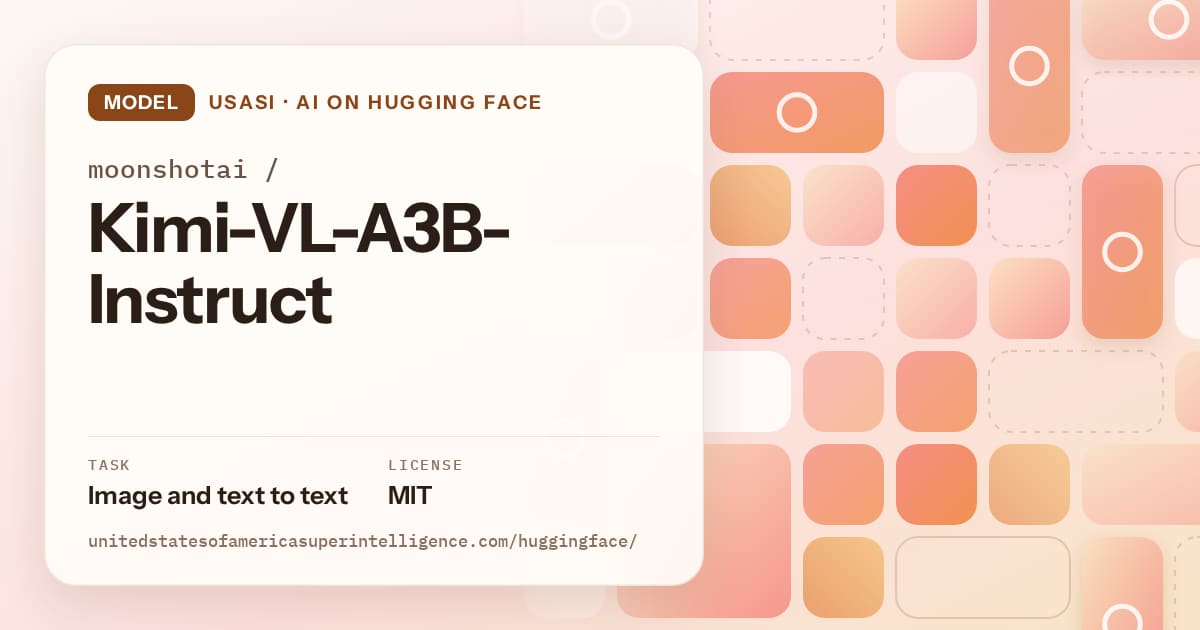 Generated orange tile-mosaic artwork for the model moonshotai/Kimi-VL-A3B-Instruct, labeled USASI · AI on Hugging Face, with Task: Image and text to text · License: MIT.