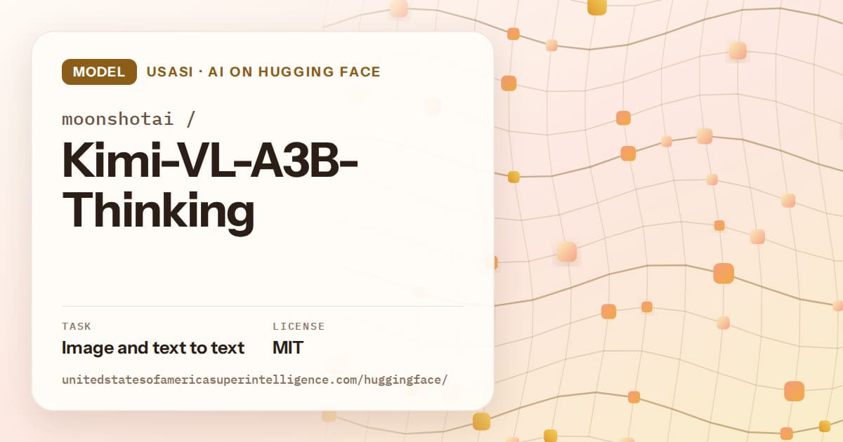Generated amber wave-lattice artwork for the model moonshotai/Kimi-VL-A3B-Thinking, labeled USASI · AI on Hugging Face, with Task: Image and text to text · License: MIT.