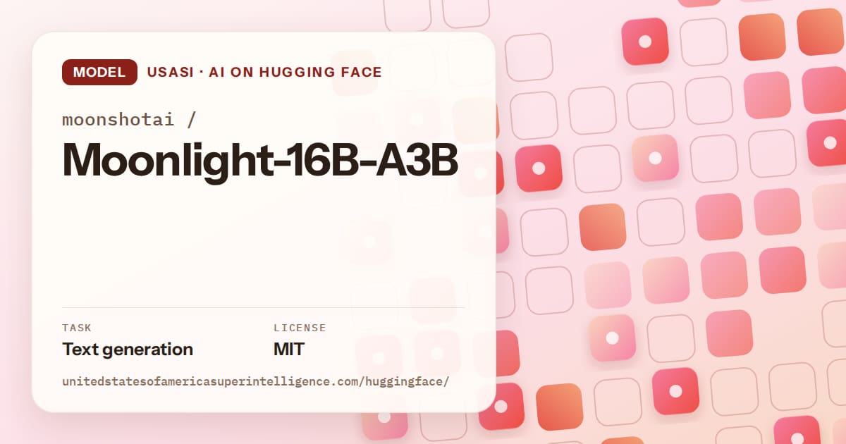 Generated coral rounded-tile grid artwork for the model moonshotai/Moonlight-16B-A3B, labeled USASI · AI on Hugging Face, with Task: Text generation · License: MIT.