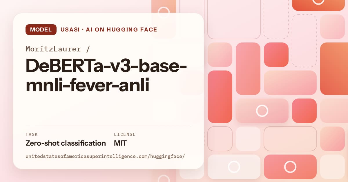 Generated coral tile-mosaic artwork for the model MoritzLaurer/DeBERTa-v3-base-mnli-fever-anli, labeled USASI · AI on Hugging Face, with Task: Zero-shot classification · License: MIT.